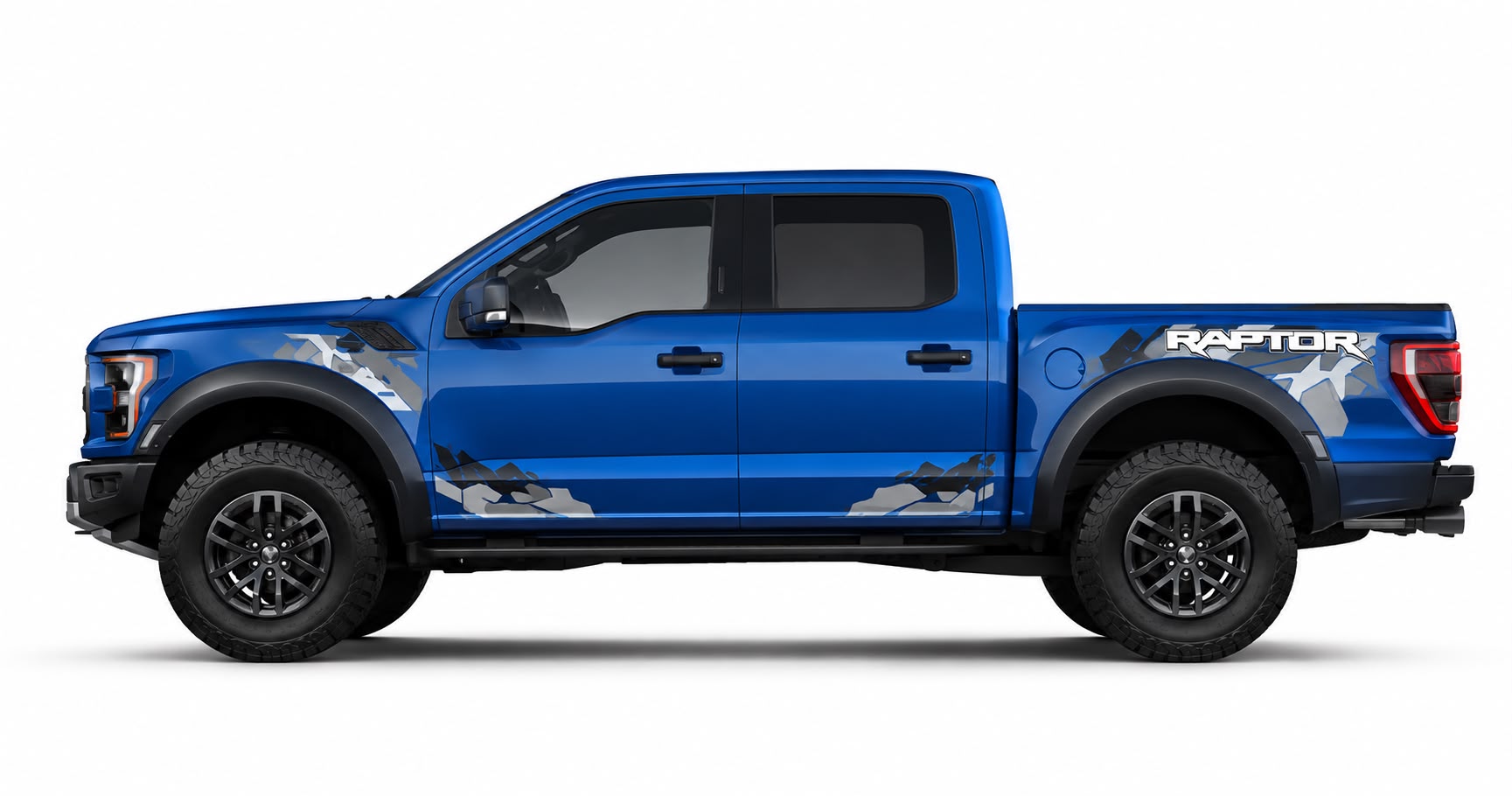 Ford F-150 Raptor Camo Decal Kit - Blue truck with military camo graphics on front guards and rear bed sides