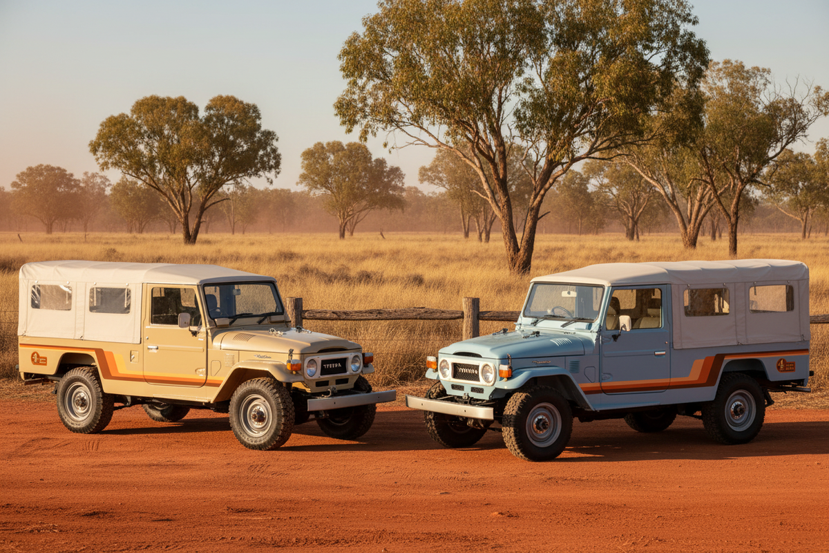 Beige and blue FJ45s in the Australian outback