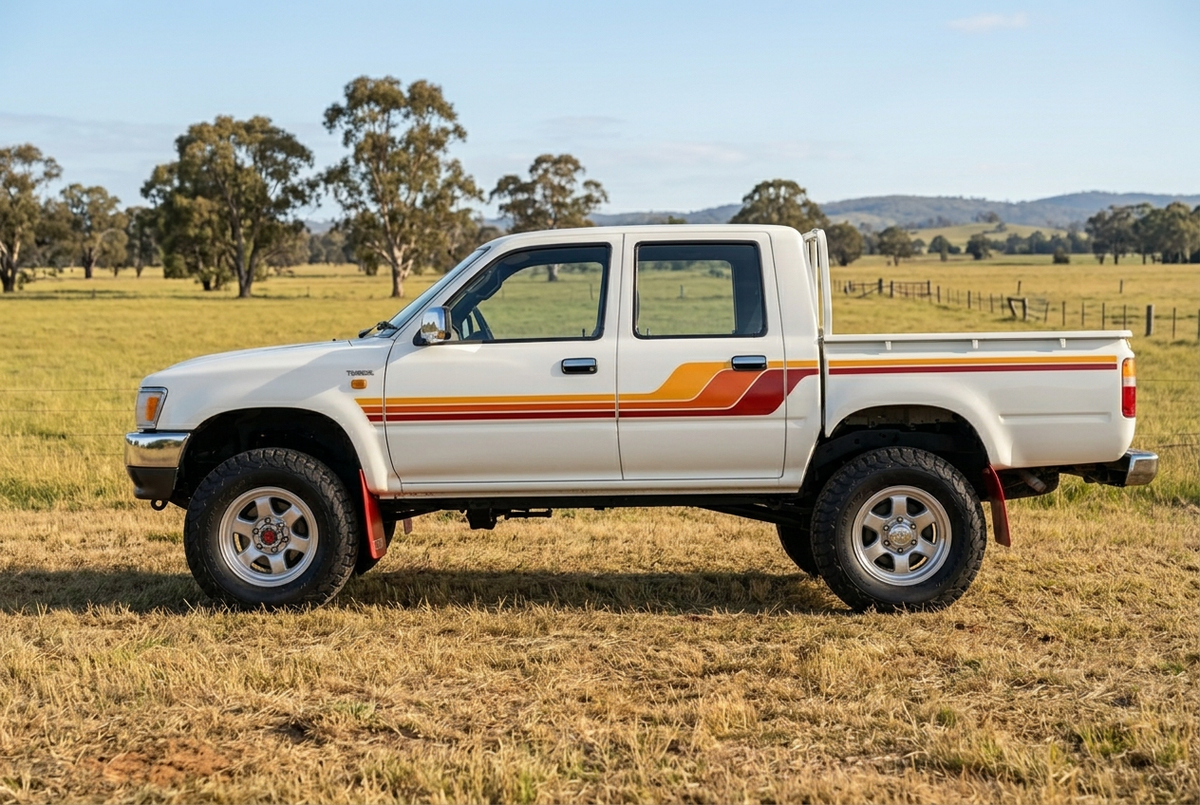 Left-facing white Hilux with an Australian paddock background
