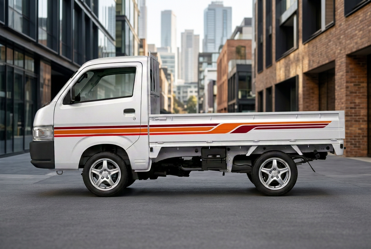 Suzuki Carry with red and orange stripes in a city setting