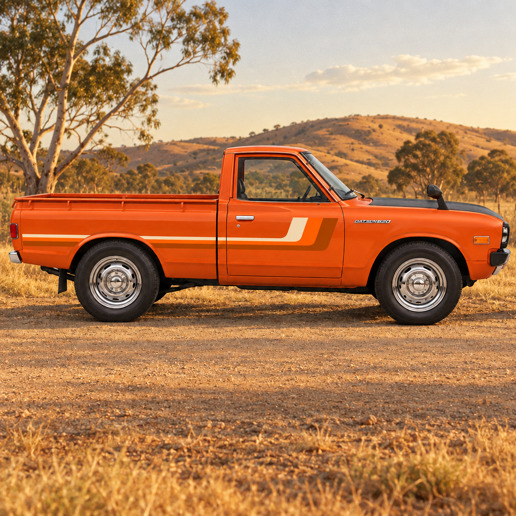 1977 Datsun 620 ute with a retro landscape background