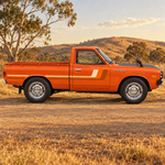 1977 Datsun 620 ute with a retro landscape background