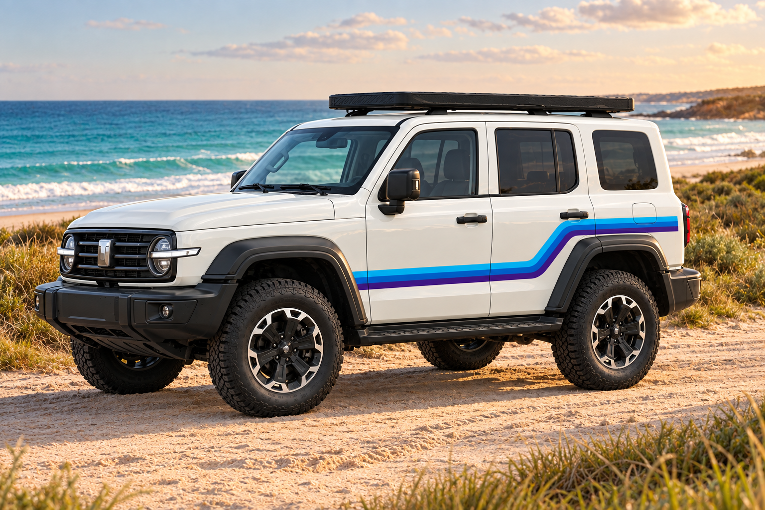 Angled white TANK 300 with blue Alki stripes by an Australian beach