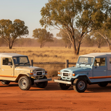 Beige and blue FJ45s in the Australian outback