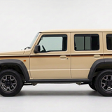 Beige five-door Jimny with chocolate brown, warm brown and caramel tan stripes