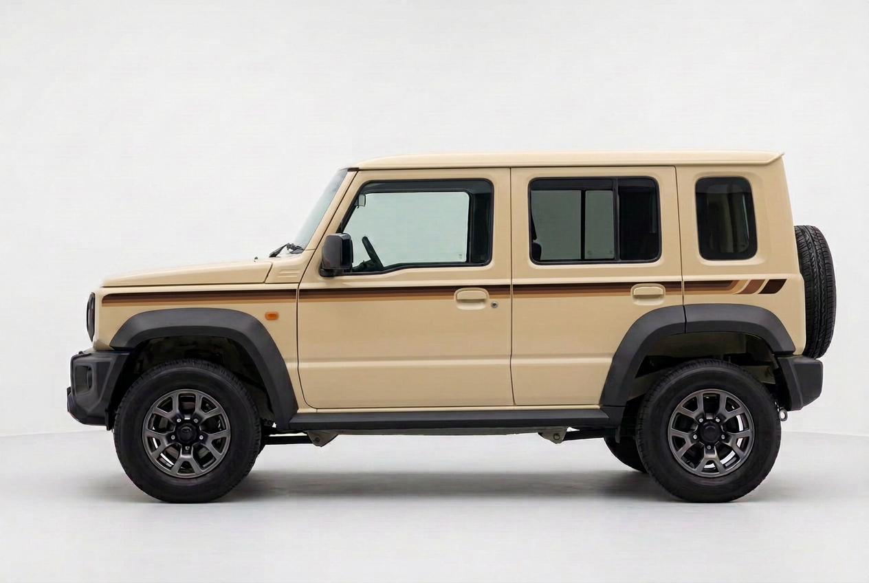 Beige five-door Jimny with chocolate brown, warm brown and caramel tan stripes