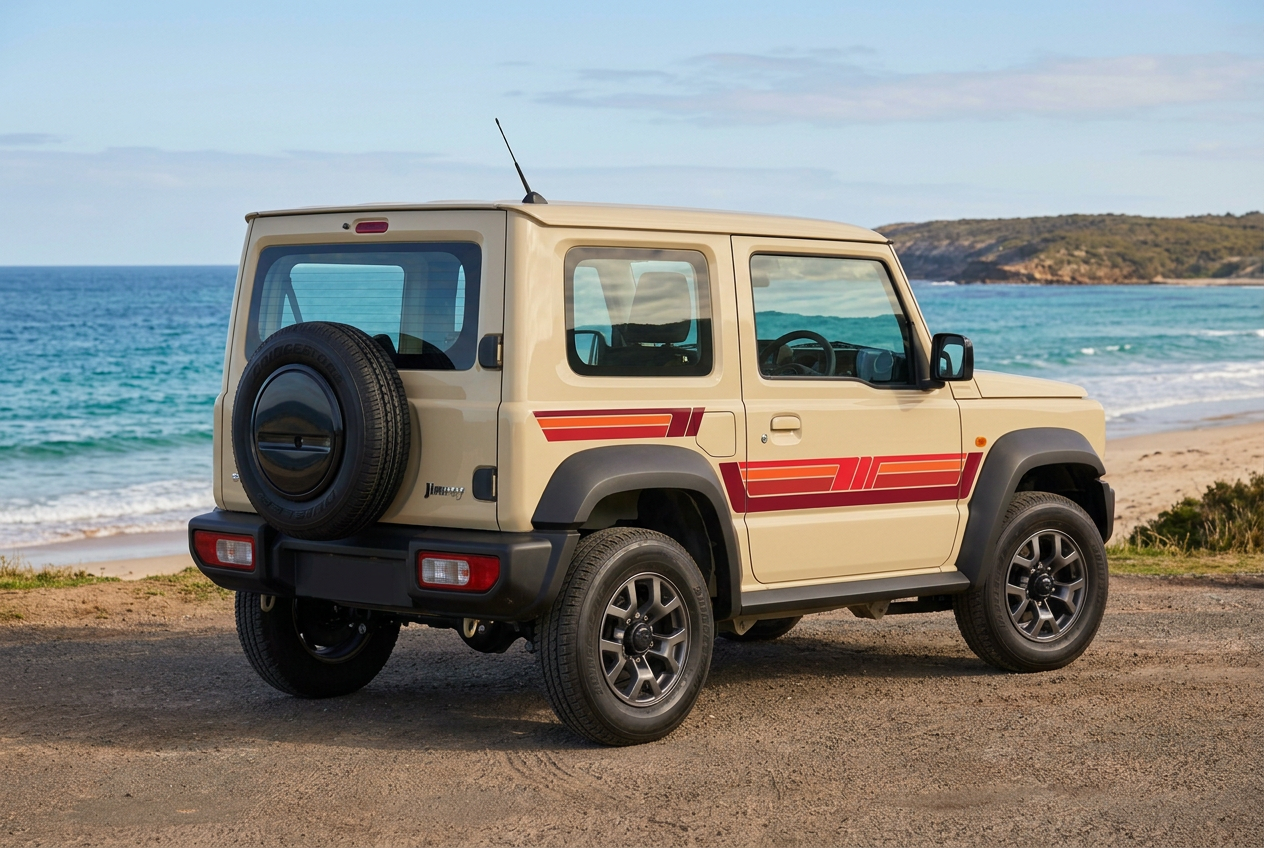 Beige Suzuki Jimny with red stripes from a rear three-quarter perspective beside the coast