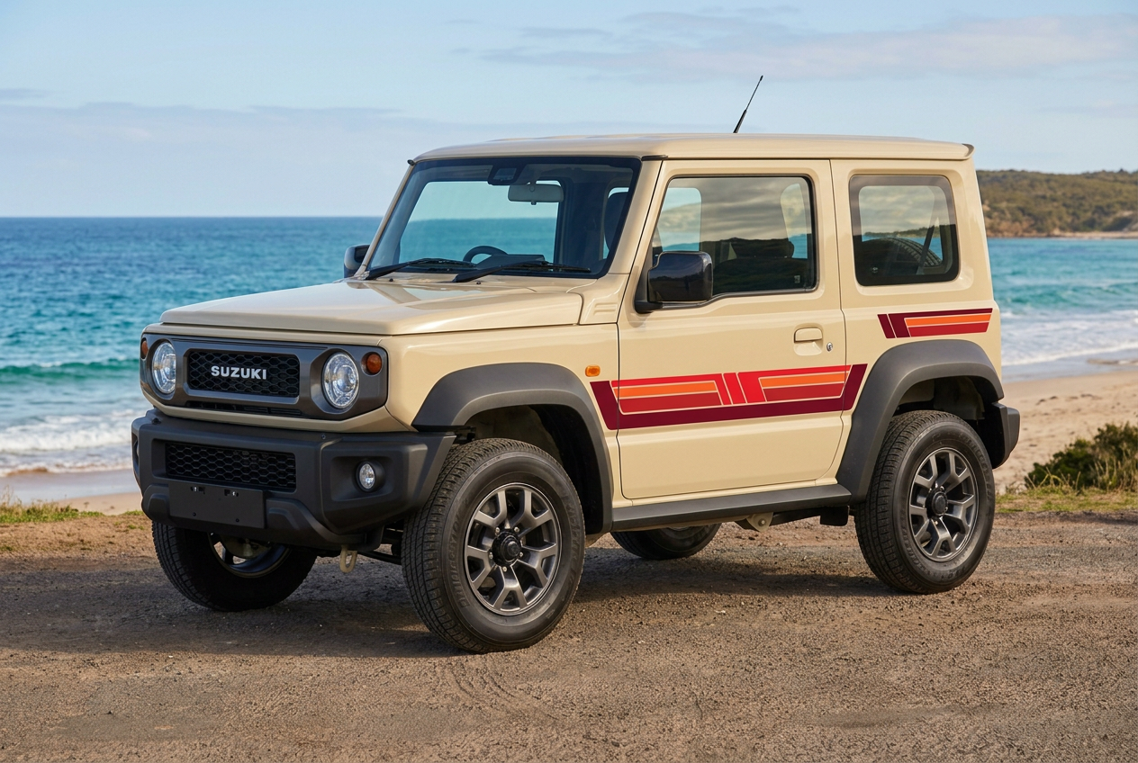 Beige Suzuki Jimny with red stripes in a front three-quarter coastal view