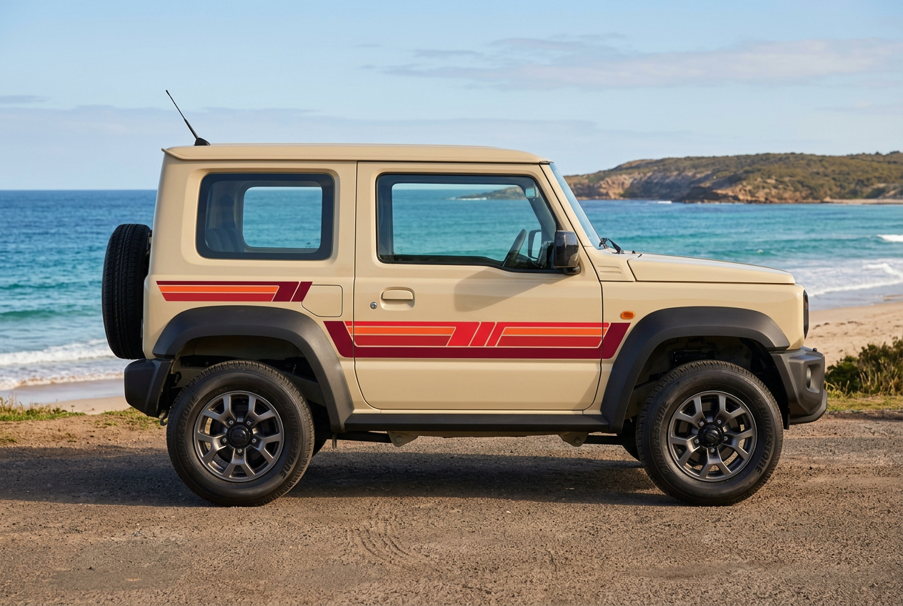 Beige Suzuki Jimny with red stripes in an Australian coastal setting