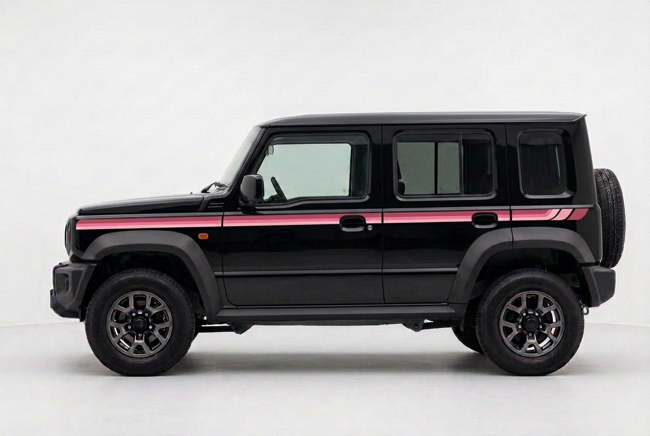 Black five-door Jimny with deep rose, pink and blush side stripes