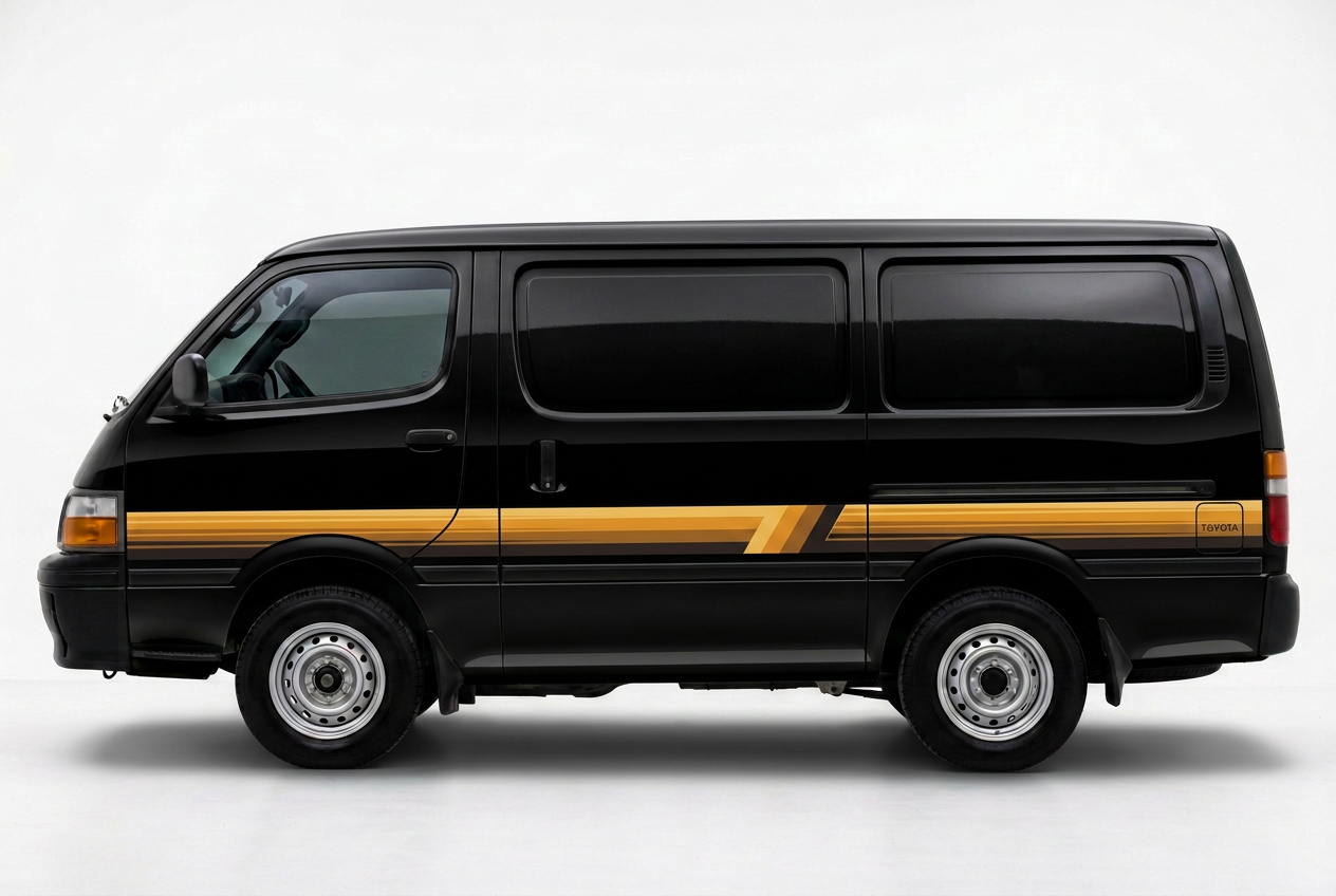 Black HiAce with apricot and orange Palm Beach stripes
