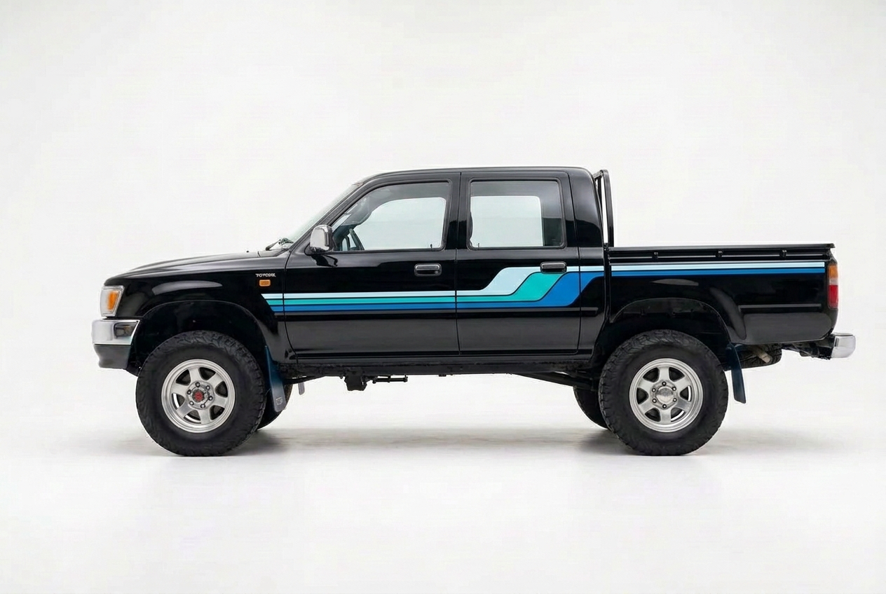 Black Hilux with blue turquoise and ice blue stripes