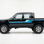 Black Hilux with blue turquoise and ice blue stripes