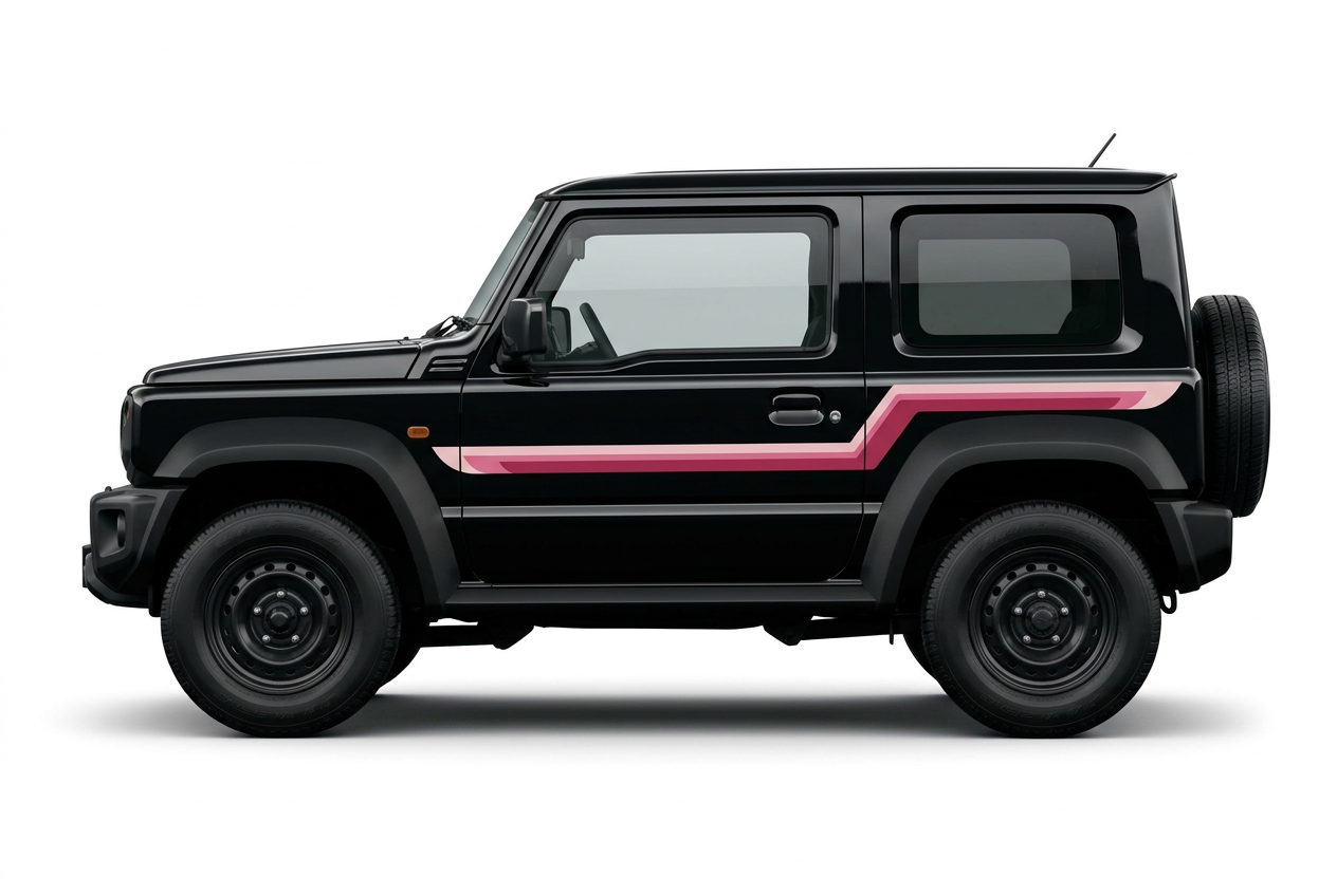 Black Suzuki Jimny with pink GOLDIE stripes