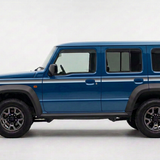 Blue five-door Jimny with charcoal grey, silver grey and icy blue side stripes