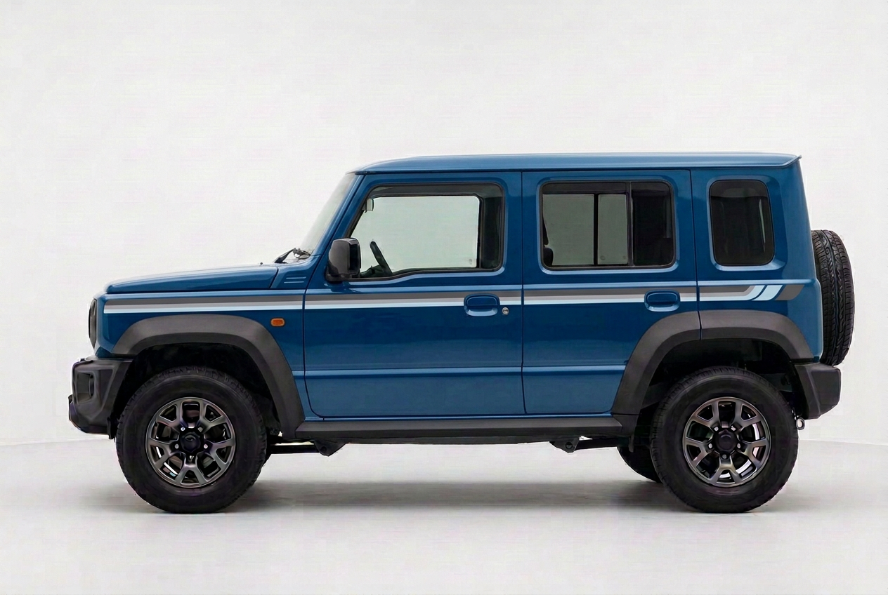 Blue five-door Jimny with charcoal grey, silver grey and icy blue side stripes