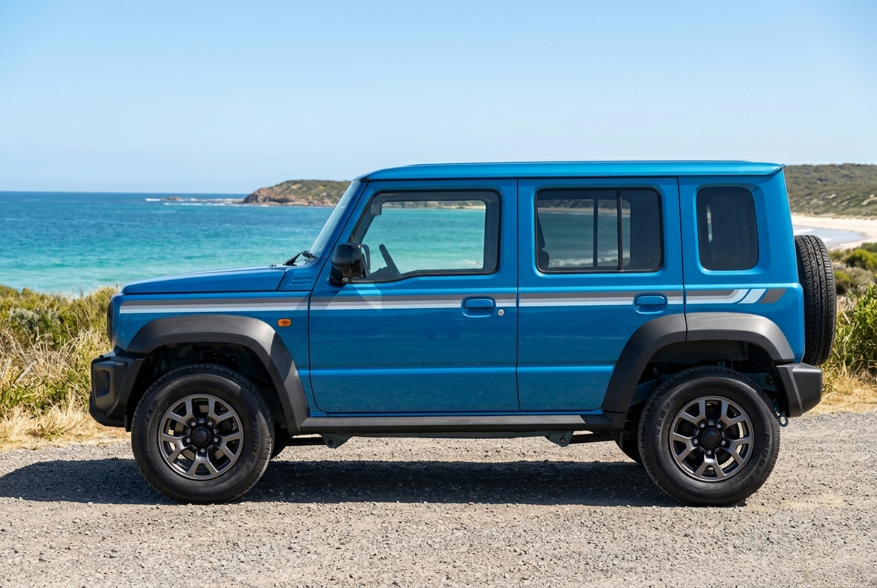 Blue five-door Jimny with grey and blue stripes beside an Australian beach and turquoise ocean