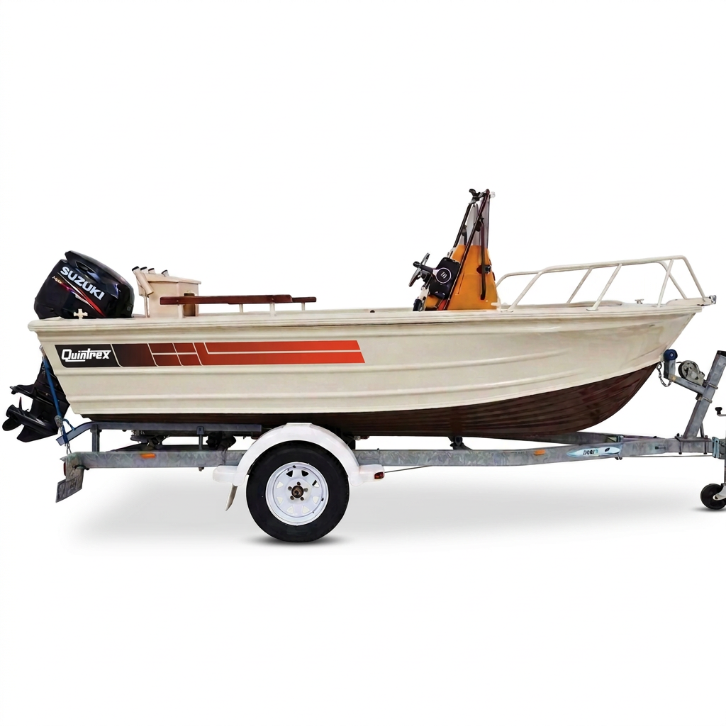 Clean product image of the Quintrex boat with the new stripe kit on a pure white background