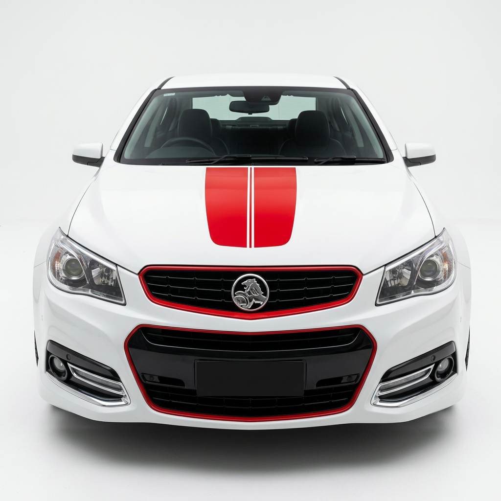 Clean white Holden with red bonnet stripes on a white listing background
