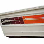 Close-up of the stripe kit and Quintrex badge on the hull