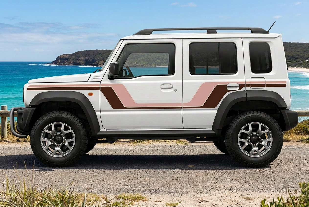 Coastal Jimny with chocolate-brown and dusty-pink ESPERANCE stripes