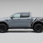 Complete side view of grey Ford Raptor with factory-style stripes