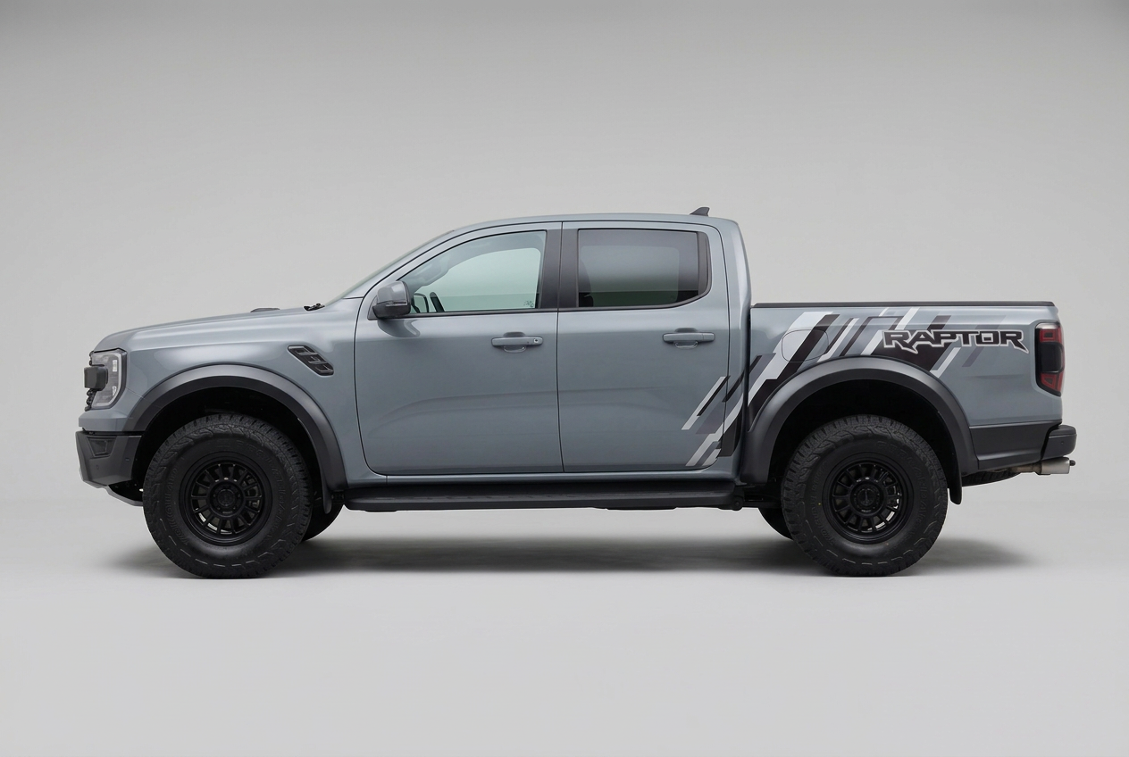 Complete side view of grey Ford Raptor with factory-style stripes
