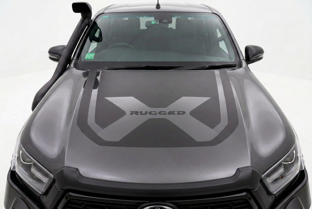 Dark grey Hilux bonnet decal with body-coloured centre X and black RUGGED lettering