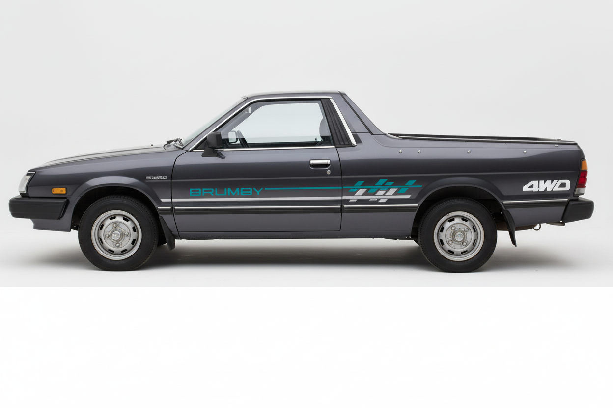 Dark grey Subaru Brumby with teal and white stripes