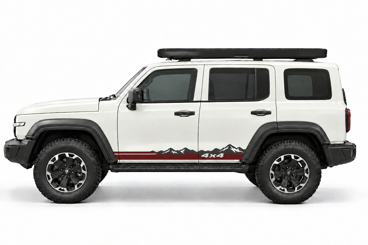 Dark red sill stripe with mountain skyline and 4x4 wording