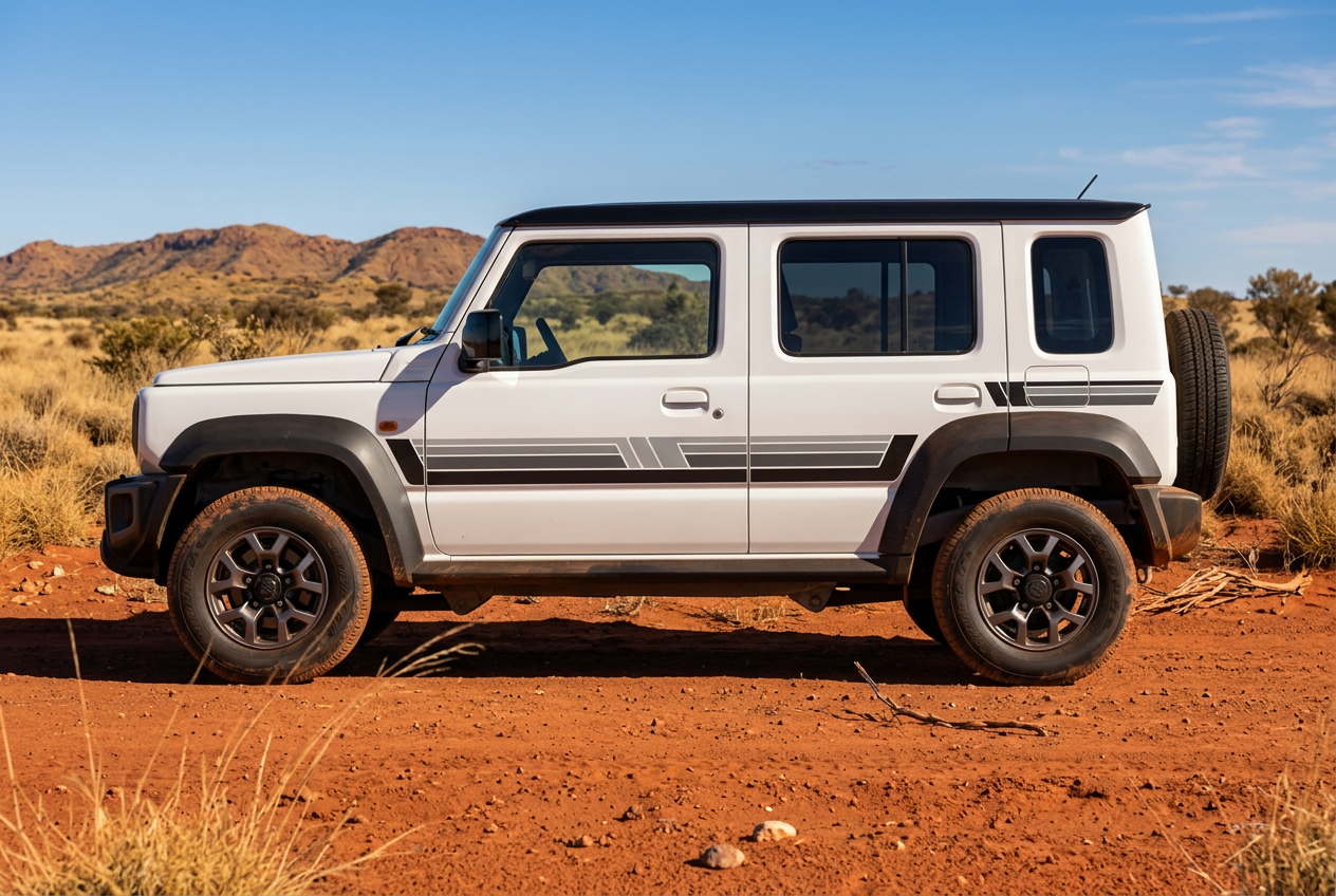 Five-door Suzuki Jimny with black and grey stripes in the Australian outback