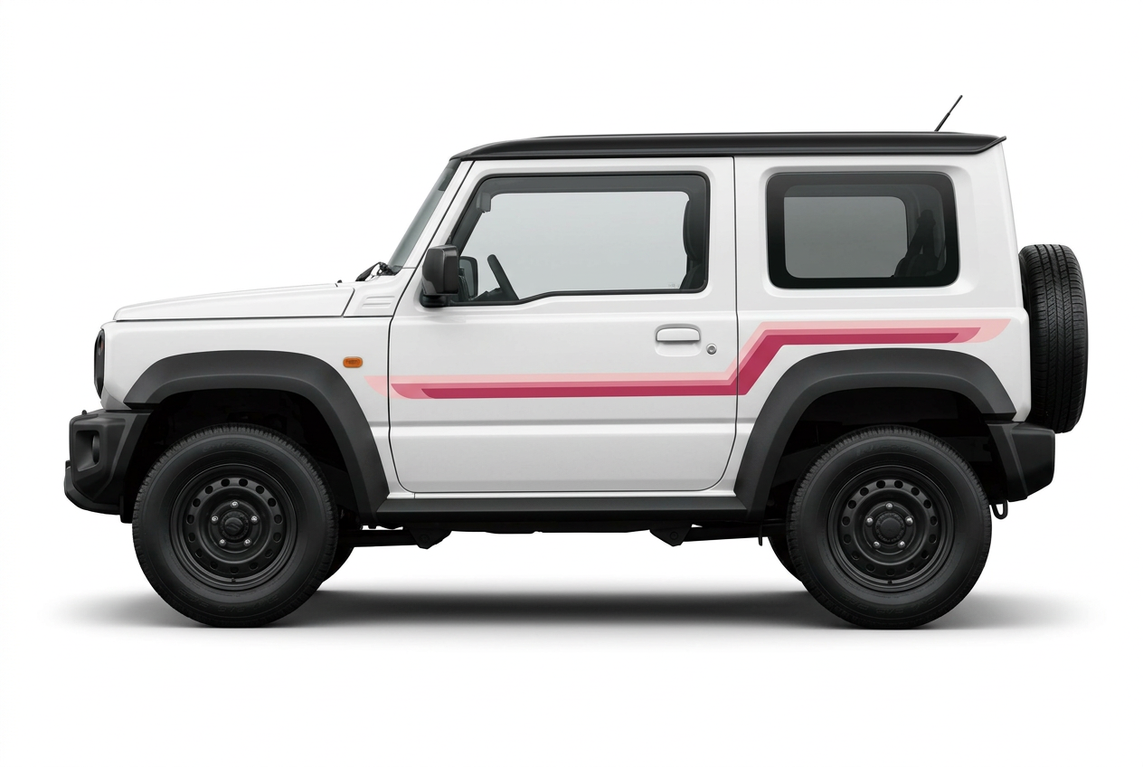 GOLDIE stripe in three shades of pink on a white Suzuki Jimny