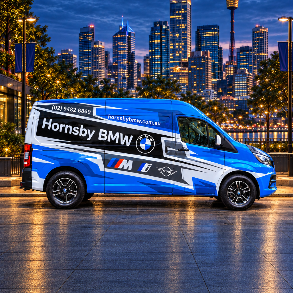 Hornsby BMW van centred in the darker city portrait