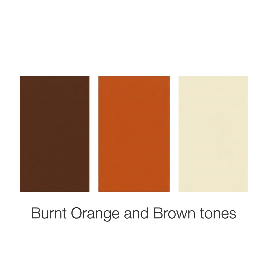 Colour swatch labelled Burnt Orange and Brown tones showing chocolate brown, burnt orange, and cream panels