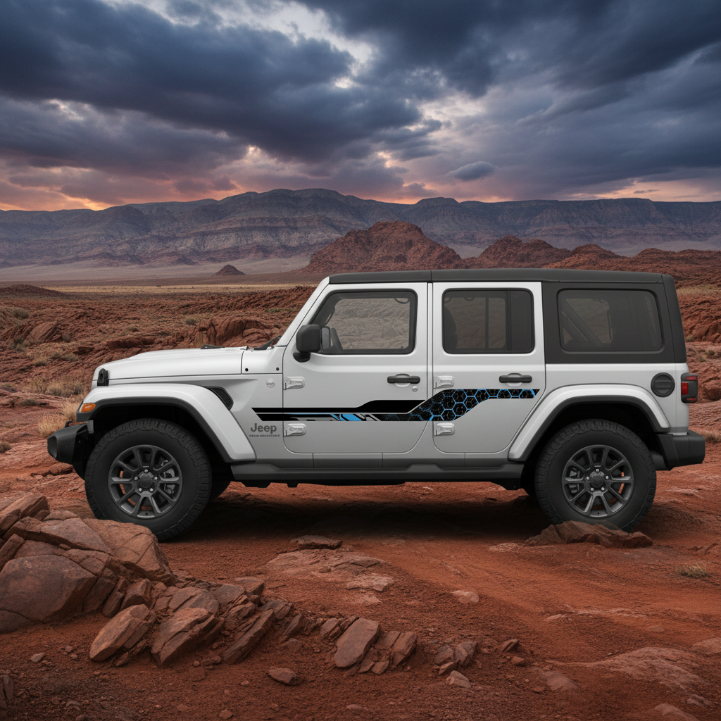 Jeep Wrangler Blue Hex Decals Rugged Background