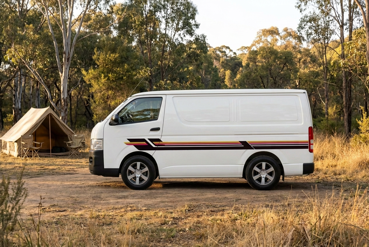 Large side view of the striped Toyota Hiace at a campsite without people