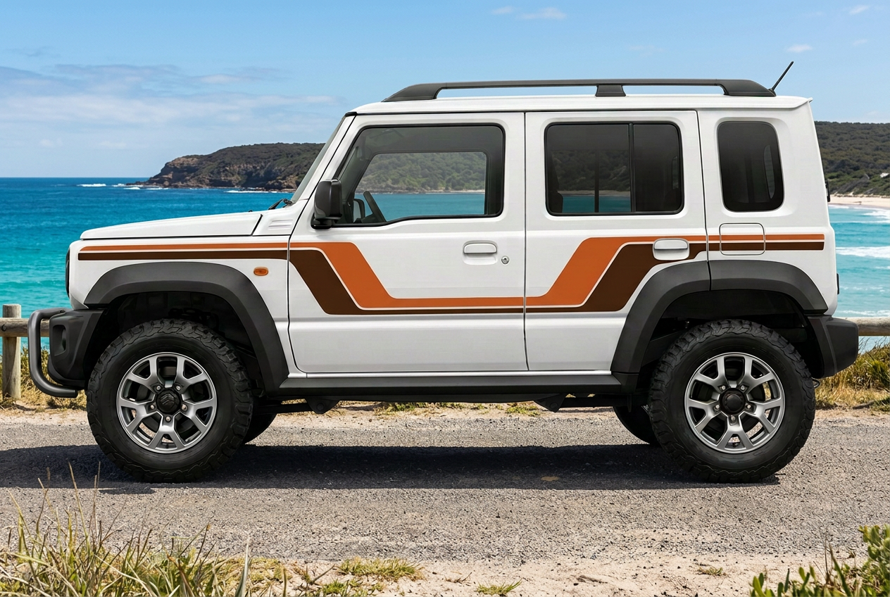 Left-facing Jimny with a coastal background