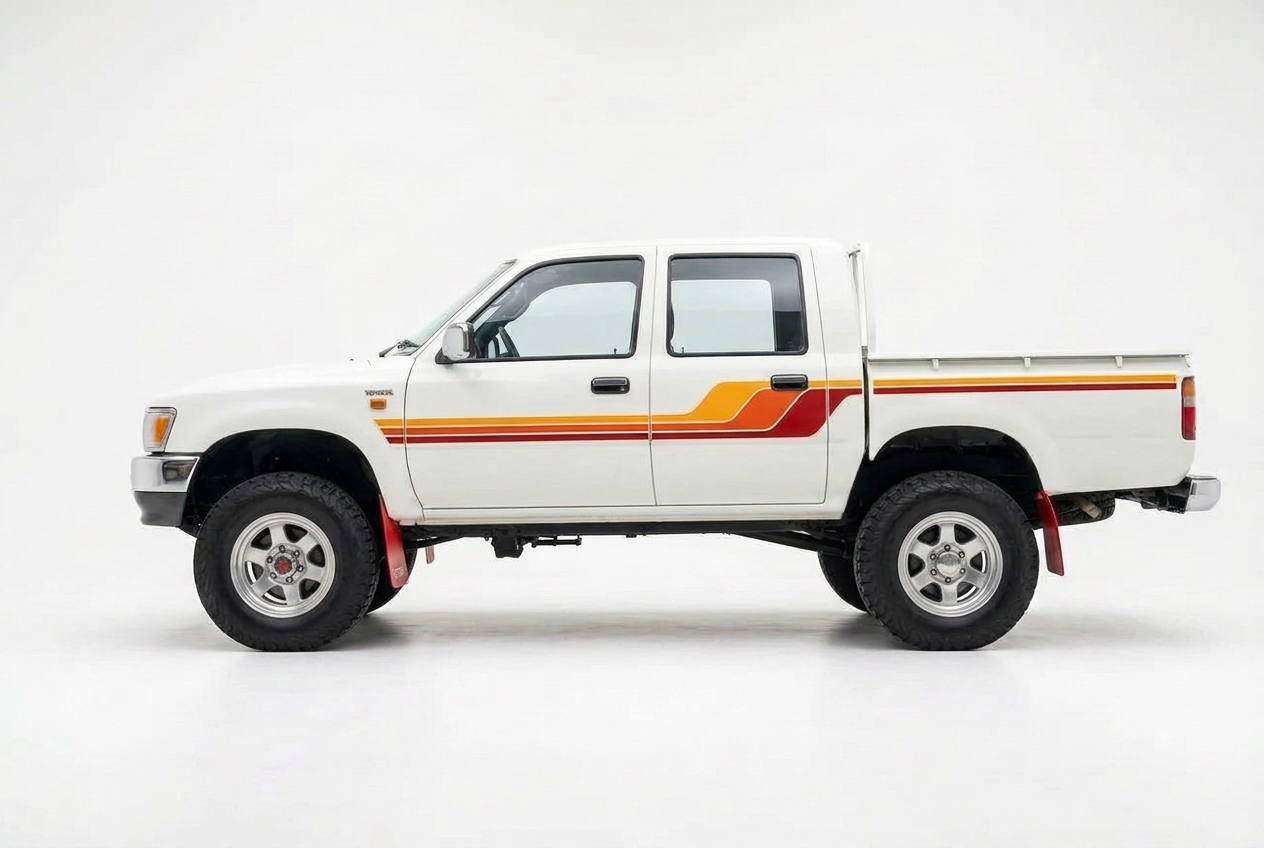 Left-facing Toyota Hilux dual cab with silver mag wheels and retro stripes