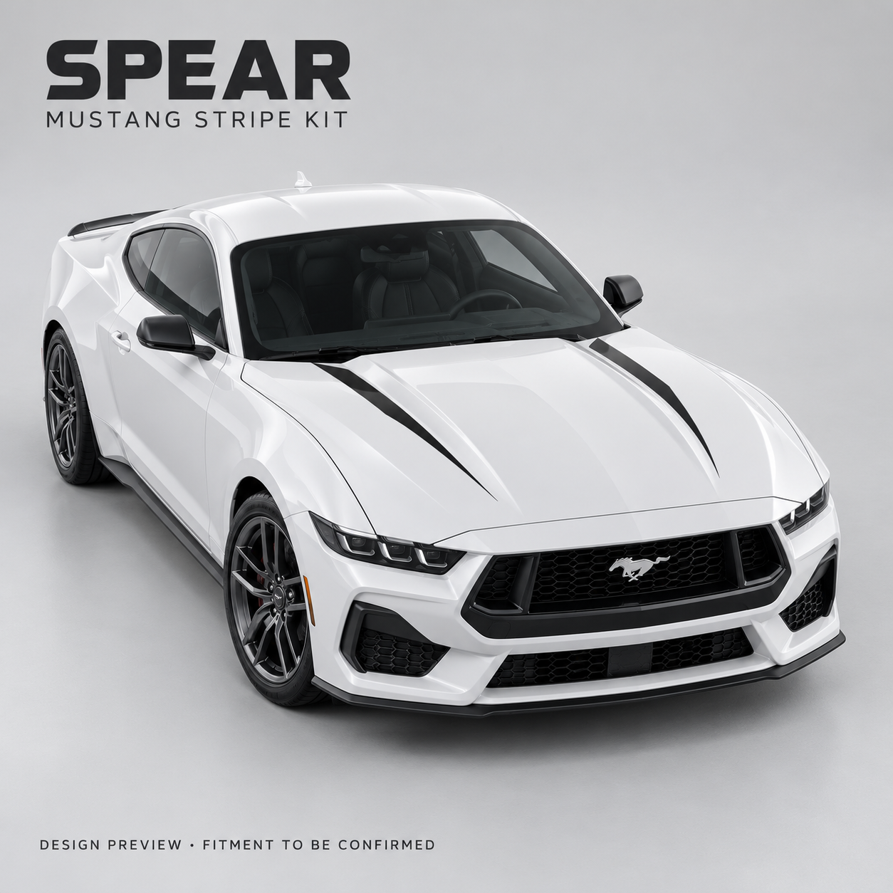 SPEAR Mustang stripe kit — AI-generated satin black design preview; fitment to be confirmed