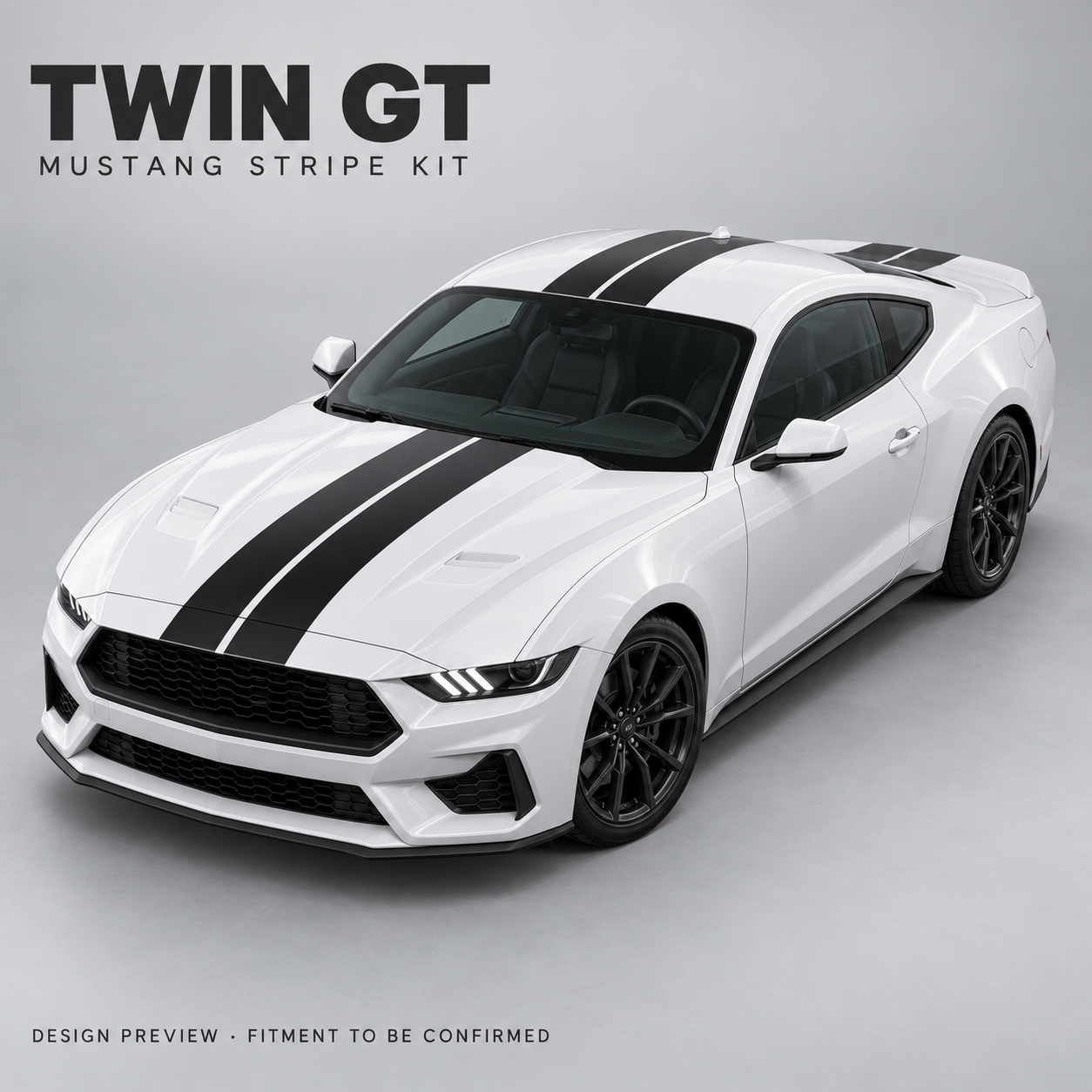 TWIN GT Mustang stripe kit — AI-generated satin black design preview; fitment to be confirmed