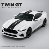TWIN GT Mustang stripe kit — AI-generated satin black design preview; fitment to be confirmed