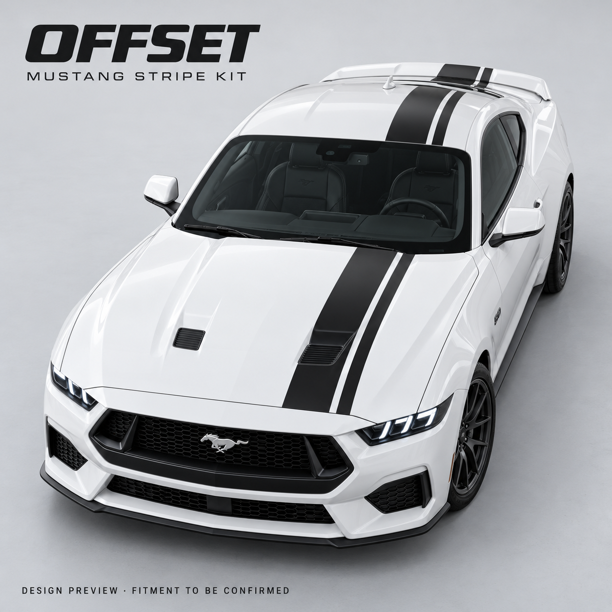 OFFSET Mustang stripe kit — AI-generated satin black design preview; fitment to be confirmed
