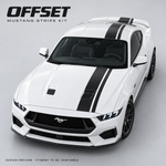 OFFSET Mustang stripe kit — AI-generated satin black design preview; fitment to be confirmed