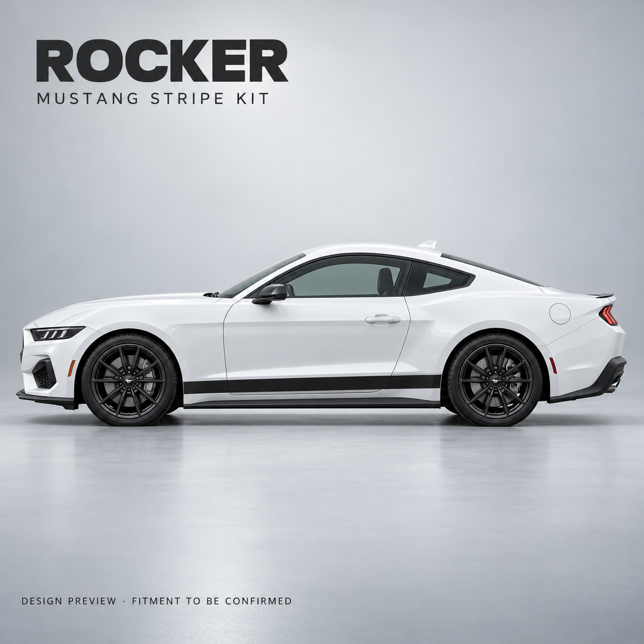 ROCKER Mustang stripe kit — AI-generated satin black design preview; fitment to be confirmed