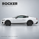 ROCKER Mustang stripe kit — AI-generated satin black design preview; fitment to be confirmed