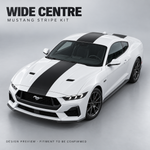 WIDE CENTRE Mustang stripe kit — AI-generated satin black design preview; fitment to be confirmed