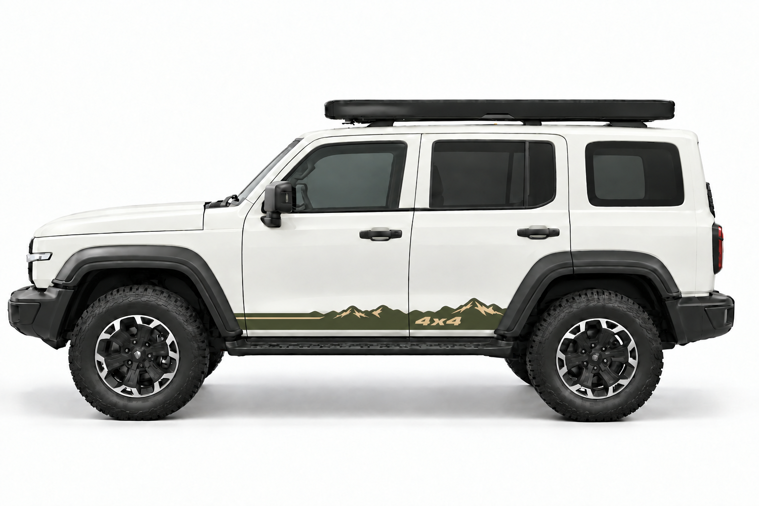 Olive green sill stripe with sand tan mountain graphic and 4x4 wording