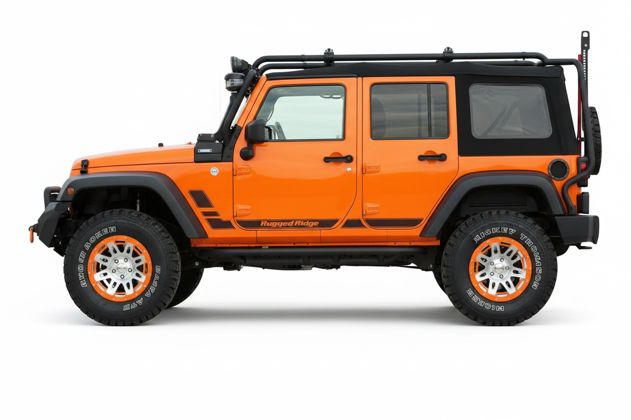 Orange Jeep Wrangler Side Profile on White Background