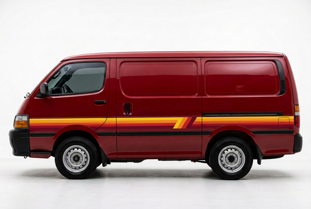 Realistic red Toyota HiAce 100 Series with Palm Beach stripes