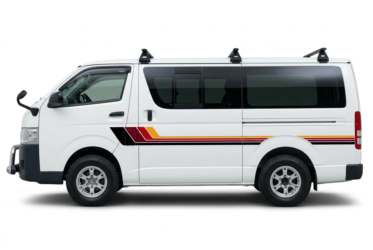 Realistic Toyota HiAce 200 Series with the reference stripe design